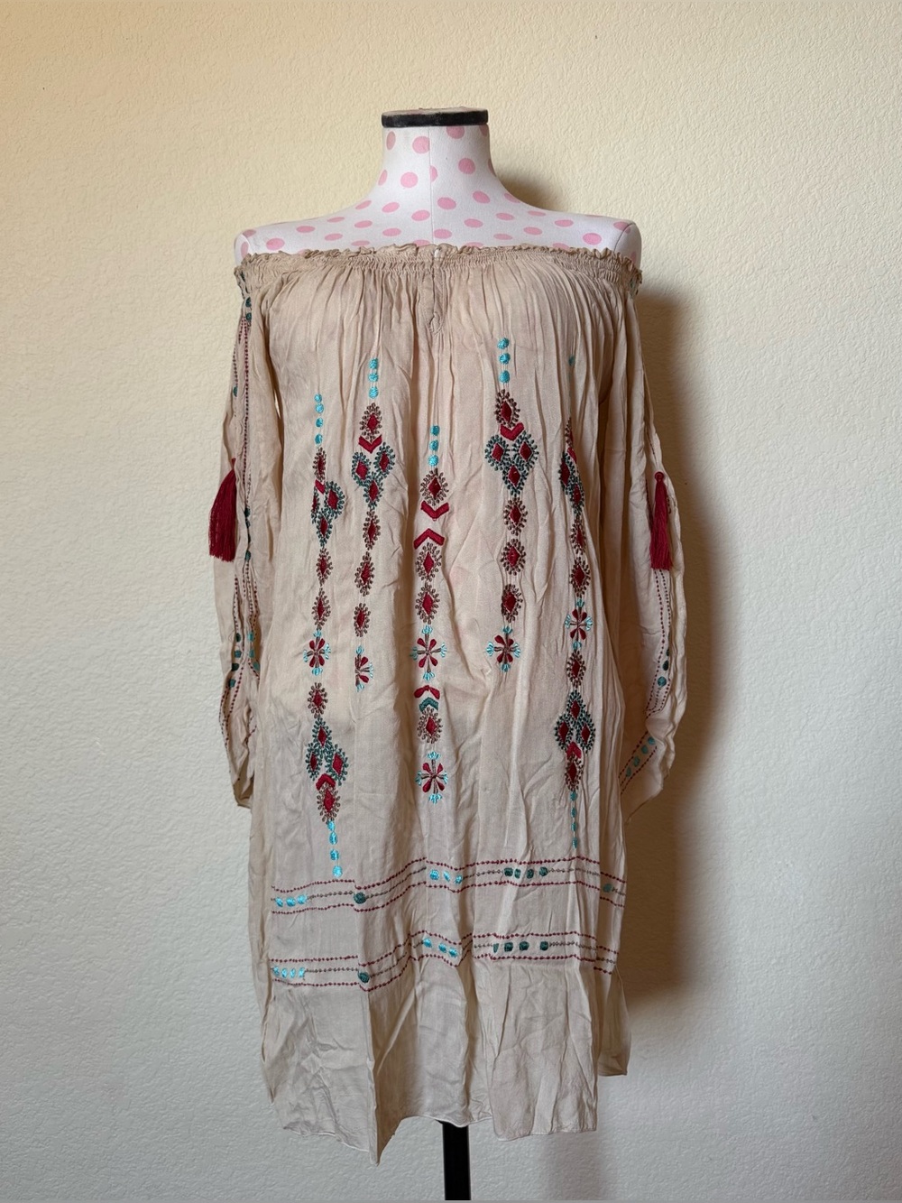 Handmade Boho Embroidered Off Shoulder Peasant Dress
